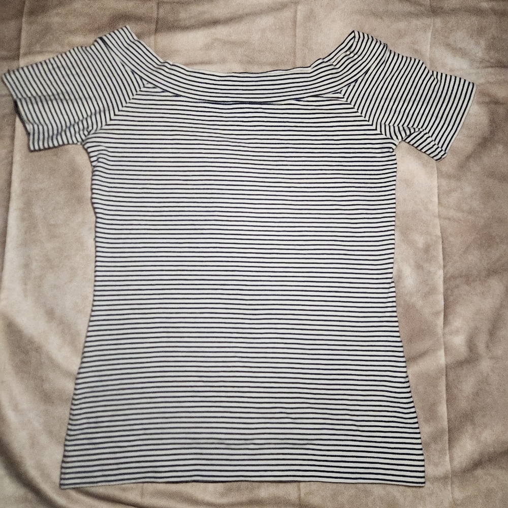 J Crew Off the Shoulder Navy and White Striped Top